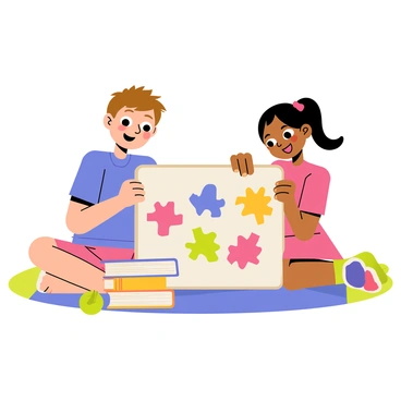 Two children solving a digital puzzle together on a large tablet screen