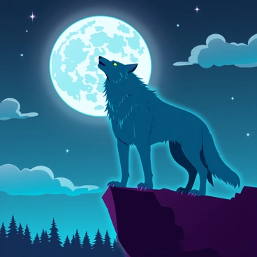 A majestic werewolf with shaggy grey fur, muscular build, and sharp claws stands at the edge of a steep cliff. Its eyes glow with a bright yellow intensity as it tilts its head back, letting out a haunting howl towards the large, luminous full moon illuminating the night sky. Dark clouds swirl around the moon, and stars twinkle in the deep blue expanse above. Below the cliff, a dense forest stretches out, shrouded in shadows, enhancing the dramatic and powerful presence of the werewolf against the vibrant night scene.