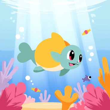 A Squirtle is swimming through a colorful coral reef. The reef is full of various shapes and sizes of coral, with bright pink, orange, and purple hues. Small fish of different colors dart around the Squirtle, creating a lively atmosphere. Sunlight filters through the water, creating shimmering patterns on the ocean floor. Bubbles are rising around the Squirtle as it gracefully glides through the clear blue water.