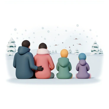 A family of four is sitting together on a snowy hill, each dressed warmly for the cold weather. The father is wearing a dark blue parka, black gloves, and a matching beanie. The mother is bundled up in a bright red coat, with a pale pink scarf wrapped around her neck. Their two children, a boy and a girl, are dressed in colorful winter gear; the boy is in a green jacket with a yellow hat, while the girl wears a purple snowsuit and a blue beanie. They are intently watching a biathlon race taking place in the distance, with skiers gliding over the snow and shooting at targets. Snowflakes are gently falling around them, and the landscape is dotted with pine trees.