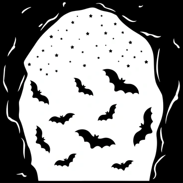 A group of bats in various poses flying out of a large cave entrance. The cave is rugged, with jagged edges and textured stone walls. The sky above is filled with numerous stars, creating a contrast against the twilight. The bats are depicted in a flurry of movement, silhouetted against the starry background, revealing their distinct wing shapes and sizes. The scene conveys a sense of nocturnal activity and the transition from day to night.