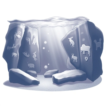 An underwater cave scene depicting ancient rock art. The walls of the cave feature intricate carvings and markings, showcasing images of animals such as fish, deer, and bison. The texture of the stone is rough, with shadows enhancing the depth of the carvings. Bubbles can be seen rising through the water, and faint light streams in from above, illuminating parts of the artwork. The scene includes the calm surface of the water above, creating a sense of tranquility in the underwater environment.