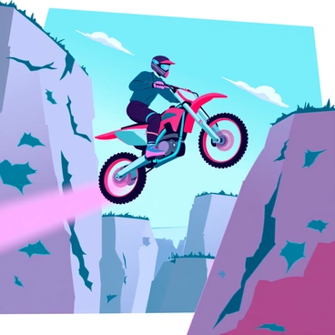 A daring dirt bike rider wearing a helmet and protective gear. The rider is in mid-air, executing a jump over a wide canyon. The bike is angled downwards, with its front wheel slightly elevated. Below, the canyon features steep rocky walls, with patches of green vegetation peeking through the crevices. In the background, a vivid blue sky with a few wispy clouds contrasts with the rugged terrain. Dust is kicked up from the bike's tires, creating a dynamic effect of movement and speed.