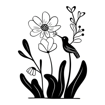 A hummingbird hovering in mid-air with its wings outstretched. It is delicately sipping nectar from a large flower. The flower has intricate petals, and a pronounced texture is visible throughout its structure. Stems and leaves surround the flower, adding depth to the composition. The background is filled with a variety of abstract shapes and lines to suggest a natural environment.