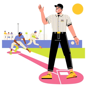 An umpire in a black and white striped jersey stands confidently at home plate. His left arm is raised in a clear signal, indicating a decisive call. The umpire has a focused expression, his eyes narrowed in concentration. In the background, a baseball player slides toward home, dirt kicking up around him, while a catcher crouches protectively, ready to receive the ball. The scene captures the intensity of the moment, with the sun shining brightly overhead. Fans in the stands can be seen cheering, adding to the vibrant atmosphere of the game.