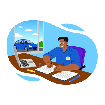 An inspector wearing a blue uniform is seated at a wooden desk, focused on filling out paperwork for a completed car inspection. The desk is cluttered with various inspection tools, including a clipboard, a pen, and a small flashlight. In front of him, there's a detailed inspection form featuring checkboxes and notes. To the side, there is an open laptop displaying data. The background features a large window showing a bright blue sky and a parked car outside, partially visible.