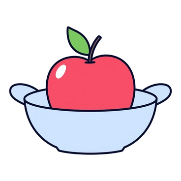 A simple bowl with a smooth surface and a slightly open top. Inside the bowl sits a single red apple, shiny and round, with a small green leaf attached to its stem. The bowl is placed on a light-colored surface, emphasizing the apple's vibrant color.