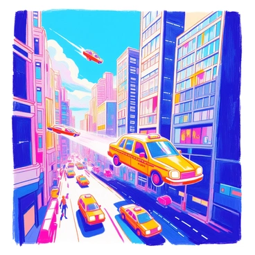 A thrilling scene of flying taxis weaving through skyscrapers in a high-speed chase