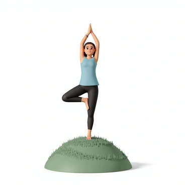 A young girl, wearing a light blue tank top and black leggings, is performing a yoga pose on a grassy hill. She is standing on one leg in a tree pose, with her arms raised overhead and one foot resting on her opposite inner thigh. The grass around her is a vibrant green, and the sunlight casts gentle shadows on the ground. Above her, the sky is clear and blue, with no clouds in sight, creating a bright and open atmosphere.