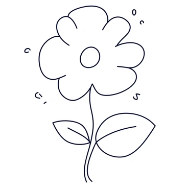 A flower featuring a round center represented by a small circle. Petals are illustrated with elongated shapes extending outward, each outlined with thin lines. A few dots are scattered around the flower, representing small details like pollen or raindrops. The overall design is minimalistic, focusing on the essence of the flower with a clean and simple aesthetic.