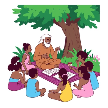 An elder Taino storyteller sits on a colorful woven mat under a large green tree. The storyteller, with silver hair and a warm expression, gestures with his hands as he shares captivating legends. Surrounding him, a group of attentive children of diverse backgrounds are seated in a semi-circle, their eyes wide with curiosity. Each child is dressed in vibrant clothing, reflecting their own cultures. The background features lush greenery and hints of tropical flowers, adding to the enchanting atmosphere of the storytelling session.