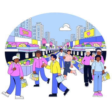 A collage illustration depicting a busy street market filled with various vendor stalls. Each stall is represented by colorful magazine cutouts, showcasing an array of fruits, vegetables, and handmade crafts. People are seen interacting in the market, with some carrying shopping bags filled with goods. The background features a bright blue sky and tall buildings, adding to the lively atmosphere of the scene.