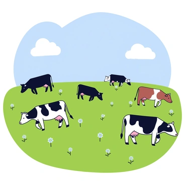 A group of cows grazing in a wide and open green pasture. The cows have various colors, including black, white, and brown. The pasture is filled with vibrant green grass, dotted with small wildflowers. A clear blue sky is overhead, with a few fluffy white clouds drifting slowly. The cows are scattered throughout the field, some bending down to eat while others stand calmly, looking around. There is a gentle breeze that causes the grass to sway slightly.