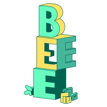 A tall structure made of large, colorful letter blocks stacked on top of each other, prominently spelling out "BEE". The blocks are a mix of yellow and teal, with each letter clearly defined. The "B" is at the base of the tower, followed by the double "E" on top. The blocks are outlined in bold, and the structure stands on a flat surface, creating a playful and vibrant atmosphere. There are additional smaller letter blocks scattered around the base of the tower, adding to the scene.
