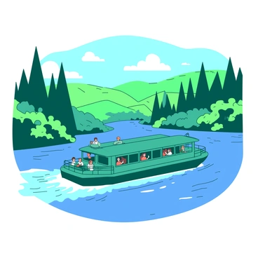A teal ferry is gliding across a shimmering blue river. Onboard, several passengers are standing at the railing, looking out at the scenery with smiles on their faces. The lush green landscape surrounds the river, filled with tall trees and vibrant bushes. In the distance, rolling hills create a picturesque backdrop, and the sky above is clear and bright. The water reflects the beauty of the landscape, creating a serene atmosphere.