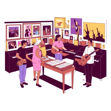 An inviting music store features rows of various instruments, including shiny brass trumpets, wooden acoustic guitars, and sleek black pianos. The walls are adorned with colorful posters of famous musicians and band performances. A display table in the center holds a stack of neatly arranged music sheets in different styles. Soft warm light illuminates the space, creating a cozy atmosphere that attracts music lovers. There are several customers browsing through the instruments, some testing the guitars while others flip through the music sheets.