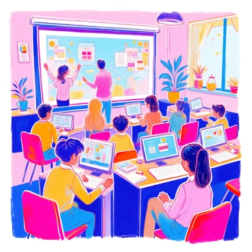 A virtual classroom filled with students engaged in learning through 5G technology. Each student is shown on their own computer screen, displaying diverse expressions of focus and curiosity. Some students are raising their hands while others are typing on their keyboards. The screens showcase colorful backgrounds representing different subjects like science, art, and literature. The room features a large digital whiteboard displaying the lesson, surrounded by virtual icons that signify connectivity and technology. The atmosphere is vibrant, highlighting the interaction and enthusiasm for learning in a modern educational setting.