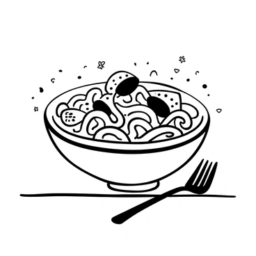 A ceramic bowl filled with creamy pasta, featuring pieces of artichoke mixed throughout. Fresh herbs are scattered on top, adding texture and detail. The pasta is slightly twirled, creating a dynamic shape. The bowl is placed on a wooden table, with a fork resting beside it, ready for serving.