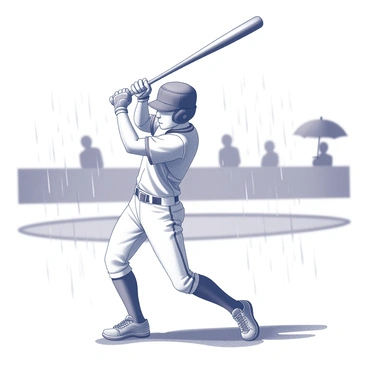 A baseball player is in the midst of a swing, positioned in a classic batting stance. The player wears a cap and a uniform, with the bat poised above their shoulder. The rain falls gently around them, creating small splashes as it hits the ground. The background shows blurred outlines of a baseball field, with a few spectators holding umbrellas. The player's muscles are tense, and their eyes are focused on an imaginary pitch. Raindrops are visible, adding a dynamic element to the scene.