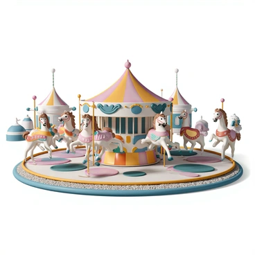 A set of brightly colored carousel horses, each with intricately painted designs, moving in a circular motion. The horses are depicted in various poses, some rearing up and others standing proudly. Each horse has a flowing mane and tail, adding to the vibrant scene. The carousel itself is adorned with colorful lights and decorative patterns, enhancing the festive atmosphere of the fairground surrounding it. The ground beneath is a mixture of gravel and colorful mats, and the background features tents and other fair attractions. The scene captures the lively movement and excitement of the fair.