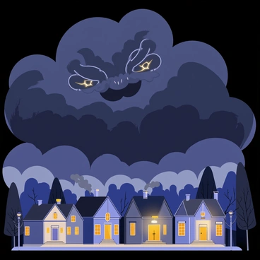 Dark, swirling clouds gather in the sky, forming an eerie face that looks down on a small town below. The town features quaint houses with sloped roofs and smoke rising from chimneys. Streetlights cast a dim glow, illuminating the empty streets lined with trees. The atmosphere is charged with tension as lightning flickers within the ominous clouds, adding to the unsettling scene.