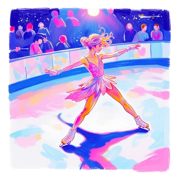 A figure skater is gliding across a smooth ice rink. The skater is wearing a sparkling costume with sequins that catch the light. Their arms are extended gracefully, and their hair is styled elegantly, flowing behind them as they move. The skater is executing a fluid spin, with one leg lifted high in the air. The ice beneath them is glistening, reflecting the overhead lights. In the background, there are soft shadows and outlines of spectators watching the performance.