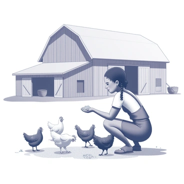 A young black girl is crouching down on a farm, holding a handful of grain in her palm. She is surrounded by several chickens eagerly pecking at the food in front of her. The girl is wearing a simple, farm-appropriate outfit, and her hair is styled in braids. In the background, there is a large barn with a classic gable roof. The barn is detailed with wooden planks and has doors slightly ajar, hinting at the activity inside. The farm setting includes patches of grass and a few scattered tools on the ground.