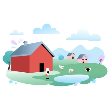 A flat illustration of a peaceful farm scene featuring a large red barn in the foreground. There are several smaller barns in varying shades of pastel colors behind the main barn. In the scene, a few stylized animals are present, including a cow standing beside a small pond, a sheep grazing in a field, and a chicken pecking at the ground. The background consists of rolling hills with soft gradient pastel colors. A clear blue sky with fluffy clouds stretches above the farm.