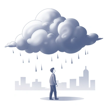 A dark, stormy cloud is positioned directly above the head of a person standing below. The cloud features swirling shapes and jagged edges, conveying a sense of turmoil. The person appears to be looking up at the cloud with a concerned expression. The background includes faint outlines of a cityscape, suggesting an urban environment. Rain streams down from the cloud, creating a sense of heaviness in the atmosphere. The scene encapsulates the struggle and weight of addiction as represented by the hovering cloud.
