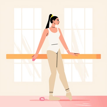 A ballet dancer in a white leotard is stretching at a wooden barre in a dance studio. The dancer has long, flowing hair tied back in a neat bun. The studio has large mirrors on the walls reflecting the dancer's poised posture. Soft natural light filters in through wide windows, illuminating the polished wooden floor. The dancer's legs are extended gracefully, showcasing her form and technique. A pink ballet shoe can be seen resting on the floor nearby, adding a detail to the scene.