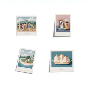 A collection of illustrations featuring different historical art styles. The first illustration showcases "Renaissance" art with detailed figures and a landscape background. The second illustration displays "Baroque" art characterized by dramatic lighting and dynamic compositions. The third illustration features "Impressionism," capturing the essence of a lively outdoor scene with soft brush strokes. The final illustration represents "Art Deco," displaying geometric shapes and bold colors in an elegant design. Each illustration is distinct and highlights the unique characteristics of its respective art style.