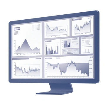 A digital screen mounted on a wall displays multiple stock market charts and graphs. The screen is filled with a variety of lines and bars representing different stock prices and trends. The charts include various axes labeled for time and value. The graphs have intricate details showing fluctuations in stock values, with numerous data points plotted across them. There are also indicators or legends present to help interpret the information being displayed. The overall composition shows a focus on the dynamic nature of stock market data.