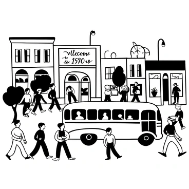 A crowded street filled with pedestrians walking along the sidewalk, wearing typical 1950s attire such as suits and dresses. A classic retro bus is driving down the street, featuring curved lines and vintage signage on its side. In the background, there are brick buildings with detailed architecture, storefronts displaying goods in their windows. A few trees line the street, and a couple of street lamps are visible in the scene. "Welcome to the 1950s" is prominently displayed on a billboard above. The atmosphere conveys a sense of movement and daily life in a busy city.