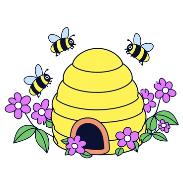 A whimsical bee hive with a rounded shape and a textured surface, resembling woven straw. The bee hive is colored in warm shades of yellow and brown. Surrounding the hive are vibrant basil flowers, with delicate purple blooms and green leaves. Several bees with black and yellow stripes are buzzing around the hive and flowers, depicted in mid-flight with tiny wings. The scene is lively and full of activity, showcasing the interaction between the bees and their environment.