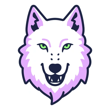 A wolf head is illustrated with flowing lines and curves. The outline of the wolf's face is prominent, showcasing distinct features such as the ears, eyes, and snout. The lines create a sense of movement, giving the impression of fur. The eyes are set with an intense gaze, and the mouth is slightly open, revealing sharp teeth. The overall composition emphasizes the wolf's majestic presence, and intricate details are woven throughout the design, enhancing the elegance of the animal.
