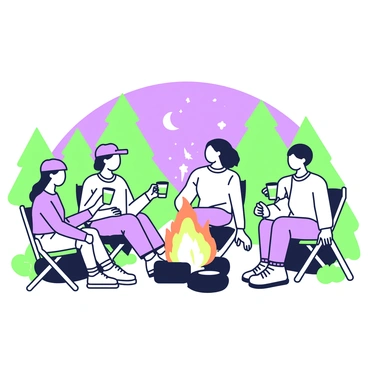 A circle of friends is sitting around a campfire. The campfire is at the center, with glowing flames and embers visible. Each friend is engaged in conversation, with some holding cups of "fire cider." There are five friends in total, each wearing casual outdoor clothing. They are seated on logs and foldable chairs. The surrounding area is filled with trees and a starry night sky overhead. Some gentle smoke is rising from the campfire, enhancing the warm atmosphere of the gathering.