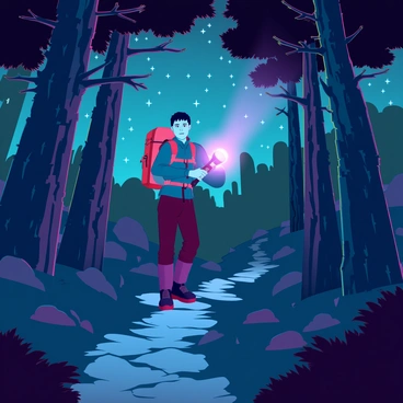 A hiker with a rugged appearance and a backpack is standing on a narrow, winding path in a dark forest. He is holding a bright torch that casts a warm beam of light, illuminating the surrounding trees and underbrush. The trees are tall and imposing, with intricate bark textures and dense foliage. Above, a clear night sky is filled with twinkling stars, providing a stark contrast to the shadows of the forest. The hiker's expression is focused, as he navigates carefully through the path that is partly covered in fallen leaves and twigs. The atmosphere conveys a sense of adventure and exploration.