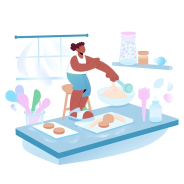 A child is standing on a stool in a bright kitchen, enthusiastically mixing cookie dough in a large bowl. The countertop is covered with a sprinkle of flour, and flour dust swirls around them as they pour ingredients from small measuring cups. There are cookie sheets lined with dough ready for baking beside them. Sunlight streams through the window, illuminating the scene and enhancing the cheerful atmosphere of the kitchen. Colorful baking utensils and a jar filled with sprinkles are placed nearby, adding vibrant touches to the setting.