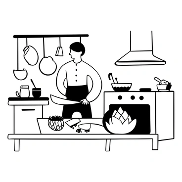 A chef standing at a stainless steel countertop, skillfully slicing an artichoke with a sharp knife. The chef is wearing a white chef's coat and a black apron. Various kitchen tools are neatly arranged on the countertop, including a cutting board and a small bowl with prepared ingredients. In the background, there are pots and pans hanging from a rack, and a large stove with a few burners lit, creating a bustling kitchen atmosphere. A fresh, whole artichoke is placed prominently on the cutting board alongside the sliced pieces.