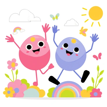 A vibrant scene with two animated ovaries, each with expressive, smiling faces. The left ovary is pink with big, cheerful eyes, while the right ovary is light purple with a playful grin. Both ovaries are dancing with arms raised, radiating joy. Surrounding them is a colorful environment filled with bright flowers, swirling rainbows, and cheerful butterflies fluttering around. The background is filled with fluffy clouds and a bright sun shining down, adding to the lively atmosphere of the scene.