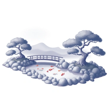 A traditional Japanese style garden featuring a serene pond filled with koi fish. The pond is surrounded by meticulously shaped bonsai trees, each displaying intricate branches and lush foliage. The landscape is designed with smooth stones lining the water's edge, providing a natural border. A small wooden bridge arches over the pond, connecting different areas of the garden. In the background, gentle hills create a tranquil backdrop, enhancing the peaceful atmosphere of the garden.