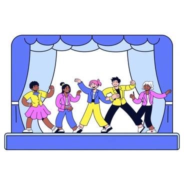 A stage with bright lights illuminating the scene. Several dancers are performing, each wearing colorful costumes with sequins and feathers. The dancers have varying poses that express energy and enthusiasm. The background features a simple curtain design, enhancing the focus on the performers. The overall atmosphere is vibrant and dynamic, showcasing the dancers' movements.