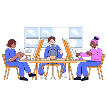 A group of three students is sitting at wooden easels in an art classroom. One student on the left has short brown hair and is focused on sketching with a graphite pencil. The second student in the middle, wearing glasses, is using charcoal to create their artwork. The third student on the right is capturing the scene with colored pastels. In front of them, a live model poses on a small wooden pedestal. The model has a neutral expression and is draped in a simple cloth. The classroom has large windows letting in natural light, and art supplies are scattered across the tables.