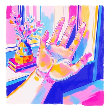 A transparent hand is positioned in the foreground. The skin of the hand is slightly tinted, demonstrating translucency. Behind the hand, various objects, such as a colorful vase, a stack of books, and a lamp, appear distorted as they interact with the transparency of the hand. The light casts soft shadows and highlights around the fingers, emphasizing the contours and details of the hand. The background is slightly blurred to enhance the focus on the hand and the distortions of the objects behind it.