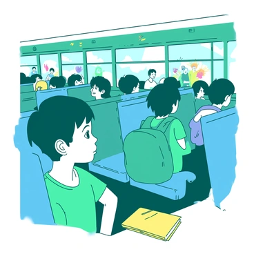 A teal child with short hair is sitting quietly near the window of a crowded school bus, observing their surroundings with wide eyes. The bus is filled with various children chatting and laughing, some with backpacks on their laps. The sunlight filters through the bus windows, casting soft light on the child's face. The seats are a bright blue, and there are colorful drawings stuck to the walls, creating a lively atmosphere. The child holds a small yellow notebook in their lap, where they occasionally scribble notes about what they see.