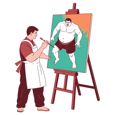 An artist is focused on painting a dynamic scene of a sumo wrestler in action on a large canvas. The artist, wearing a white apron, stands in front of the canvas, brush in hand, capturing the powerful pose of the sumo wrestler. The sumo wrestler, depicted with a muscular build, is mid-move, with traditional mawashi around his waist and a fierce expression on his face. The background features splashes of orange and teal paint, adding energy to the artwork. The canvas is large and takes up most of the easel, showing detailed strokes that emphasize the motion and strength of the wrestler.