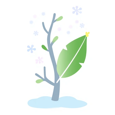 A single leaf, bright green with a few hints of yellow, is clinging to a slender tree branch. The branch is bare except for this lone leaf, which stands out against the cold, gray bark. Flakes of fresh snow begin to fall gently from the sky, covering the surrounding ground in a soft white blanket. The scene captures the contrast between the vibrant leaf and the delicate snowflakes, creating a quiet moment of change in the natural world.