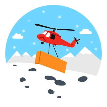 A KMAX helicopter with dual rotors flying above a snowy terrain. The helicopter is lifting a large shipping container, which is secured to the bottom with thick cables. Snow is blanketing the ground, creating a smooth, white surface with occasional patches of dark rocks visible. Fluffy snowflakes are falling from the sky, adding to the winter atmosphere. In the background, there are distant snow-covered mountains under a clear blue sky.