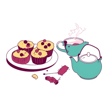 A white plate is filled with freshly baked berry muffins, showcasing a golden-brown crust and plump berries peeking through the tops. Beside the plate, there is a small teal pot of tea with a delicate handle and spout, steam rising gently from the opening. The muffins are arranged neatly on the plate, and a few crumbs scattered around suggest they are just served. The background features a soft surface, enhancing the inviting presentation of the muffins and tea.