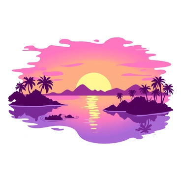 A vibrant sunset paints the sky with shades of orange and pink, casting a warm glow over an ASEAN archipelago. Silhouettes of various islands emerge in the foreground, each with distinct shapes and sizes. The water reflects the colorful sky, creating a shimmering effect around the islands. Some palm trees can be seen along the edges of the islands, adding to the tropical feel of the scene. The overall atmosphere is tranquil, showcasing the beauty of nature's end-of-day spectacle.